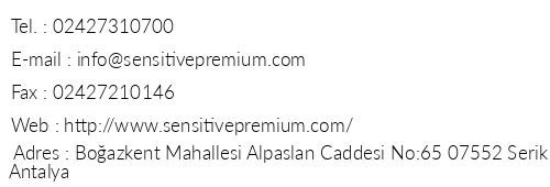 Sensitive Premium Resort Spa telefon numaralar, faks, e-mail, posta adresi ve iletiim bilgileri